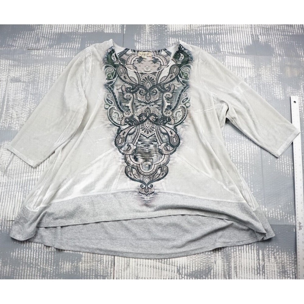 One World blouse womens 2X gray velvet three quarter sleeve boho sequin Paisley